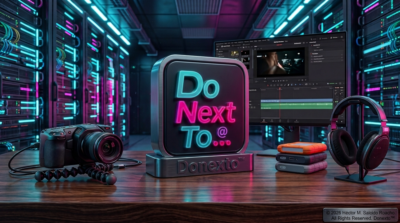 Estación de trabajo Donexto™ — letrero 3D Do Next To…, © 2026 Héctor M. Salcido Roacho